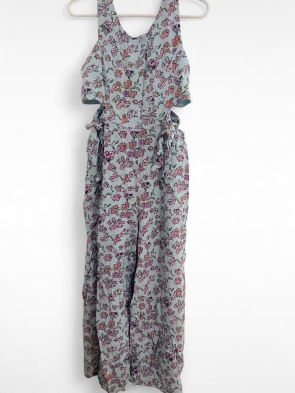 Girls Floral Cutout Pants Jumpsuit - Pink Floral on Light Blue